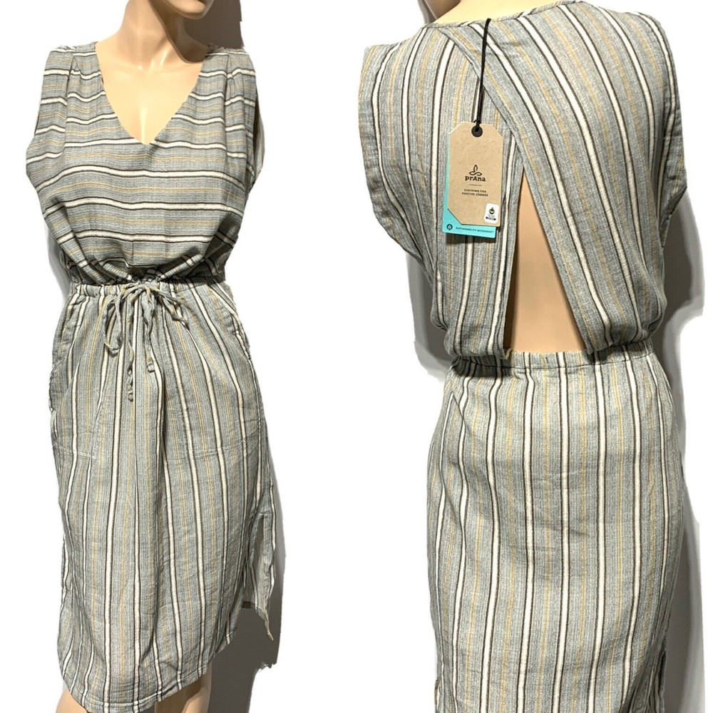 PrAna Ecotropics Dress Gray Stellar Stripe Organic Cotton Size S Cutout Back NWT